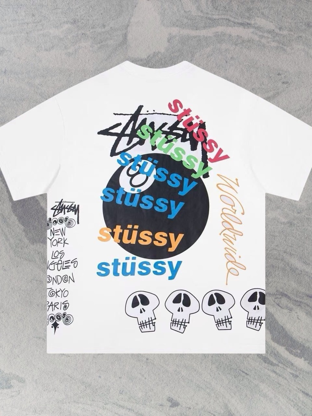🤩Stussy White Tee with Multicolor Stacked Logo and Skull Graphics